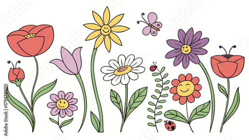 Happy Colorful Hand Drawn Flowers with Smiling Faces Butterfly and Ladybugs for Kids Spring Summer Design and Cheerful Garden Illustration