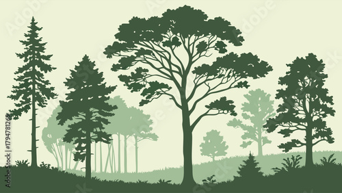 Serene Forest Trees Silhouette Landscape. Nature Conservation, Environmental Protection, Sustainable Growth Background for Eco-Friendly Design and Wellness.