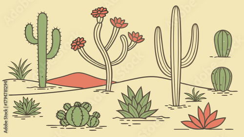 Desert Landscape with Cacti and Succulents Vector Illustration. Minimalist Flat Design for Nature Web Backgrounds, Travel Blogs, and Education