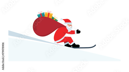 Santa's Snowy Descent: A jovial figure, laden with a bulging sack of gifts, carves down a snowy slope on skis, embodying the spirit of winter holiday joy.