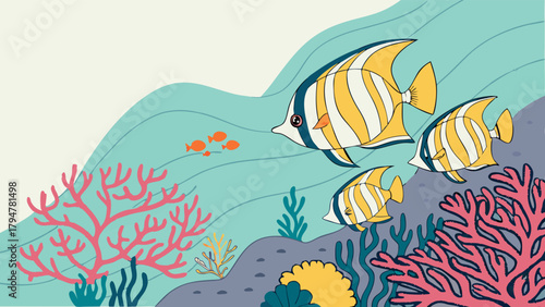 Colorful Tropical Fish Swimming in Vibrant Coral Reef. Underwater Marine Life Illustration for Nature Education, Ocean Conservation and Summer Travel
