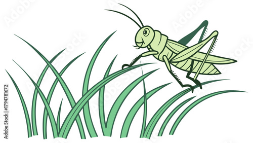 Vibrant Green Grasshopper Illustration Perched on Tall Grass Blades. Cheerful Insect Design for Children's Learning and Nature Themes.