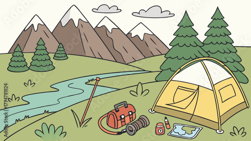 Summer Camping Adventure with Tent and Hiking Gear by Scenic Mountain River for Outdoor Travel and Nature Exploration