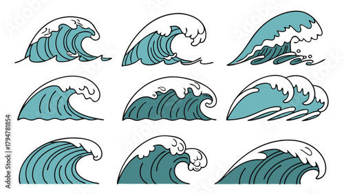 Collection of Dynamic Ocean Waves Vector Illustrations. Blue Sea Water and White Foam for Summer Travel, Beach Design, Marine Advertising, Web Graphics.