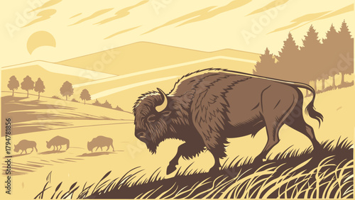 Majestic American Bison Walking Uphill on Grassy Prairie Landscape Vintage Monochromatic Illustration for Wildlife and Nature Conservation