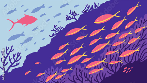Vibrant Coral Reef with School of Fish and Large Fish Swimming a Unique Business Path for Market Edge