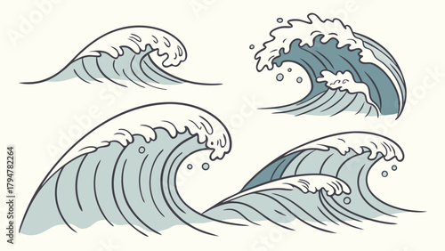 Dynamic Hand Drawn Crashing Ocean Waves Set for Summer Beach Travel and Marine Nature Graphic Design