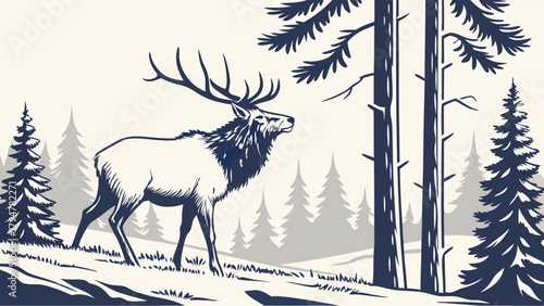 Majestic Elk Standing in Pine Forest Wilderness Vintage Engraved Illustration for Outdoor Apparel Design and Nature Branding