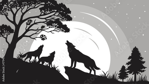 Wild Wolf Family Pack Howling at Full Moon in Night Forest Silhouette
