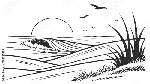 Peaceful Coastal Beach Sunset Vector Illustration Ocean Waves Sand Dunes Flying Seagulls Travel Vacation Wellness Marketing