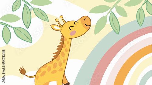 Happy Baby Giraffe Cartoon Illustration Smiling Under Green Leaves with Pastel Rainbow for Kids Nursery Decor, Baby Shower, and Childcare