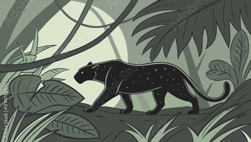 Elegant Black Panther Prowling Dark Jungle Illustration for Nature, Conservation, Web Design, and Educational Content