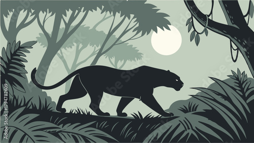 Powerful Black Panther Silhouette Prowling Through Moonlit Tropical Jungle at Night Wild Animal Predator Nature Design