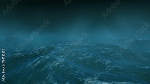 Stormy ocean at night, towering waves massive dark sea under low clouds, churning surf and foam, mist rising