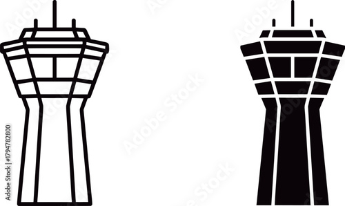 Airport control tower icon set showing a building, , for design