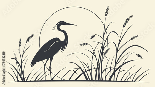 Zen Heron Silhouette in Reeds Against Sunset. Peaceful Nature Art for Wellness, Meditation, Eco Travel, Branding, Logo.