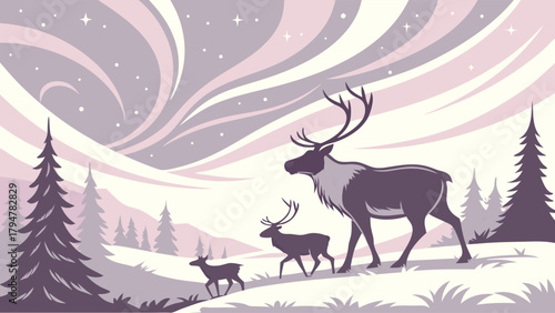 Arctic Reindeer Family Migrating Through Snowy Winter Forest Under Dazzling Northern Lights Vector Art for Holiday Travel Design