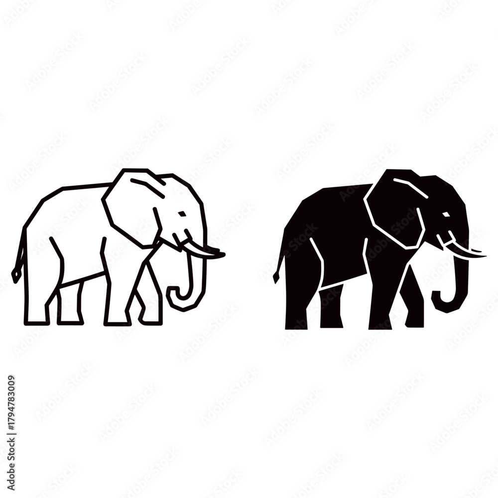 Fototapeta premium Icon of two elephants, one in outline and the other in solid black