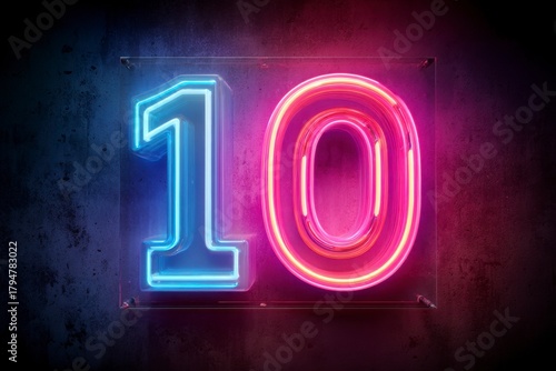 Neon Number Ten Bright Colorful Sign Against Dark Background