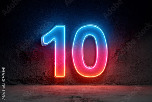 Colorful Neon Number 10 on Dark Background with Glowing Effect