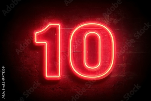 Neon Number Ten Sign on Dark Grunge Background with Bright Glow