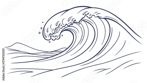 Dynamic Ocean Wave Breaking Line Art for Surfing Travel Adventure Marine Environment and Business Challenge Metaphors