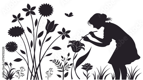Silhouette Woman Nurturing Blooming Garden Flowers with Butterfly for Growth Creativity Nature and Spring