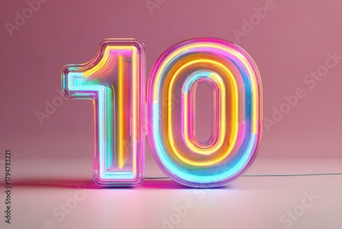 Neon Colorful Number Ten in Bright Pink and Blue Glow on Background