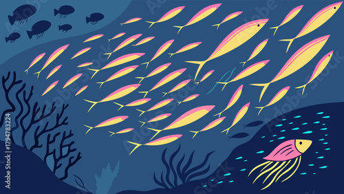 Dynamic School of Vibrant Fish Swimming Together in Deep Ocean Ecosystem with Unique Pink Fish for Teamwork Unity and Diversity