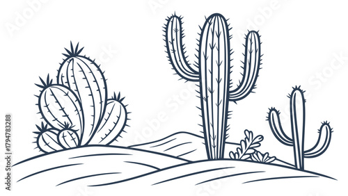 Southwestern Desert Landscape Cacti Outline Vector. Arid Nature Illustration for Web Design, Travel, Education, and Branding.