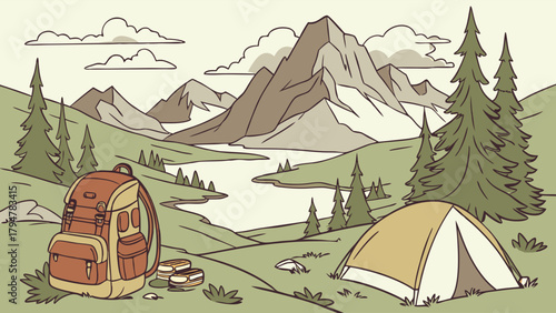 Mountain Camping Adventure Illustration. Serene Outdoor Landscape with Tent, Backpack, Lake. Nature Travel, Hiking, Summer Vacation, Digital Detox.