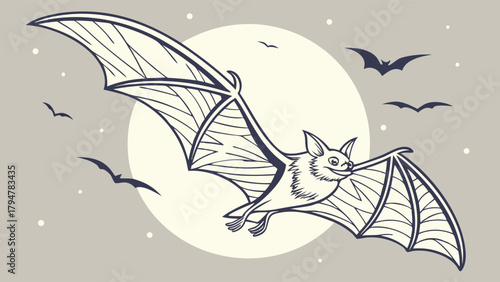 Flying Bat and Full Moon Night Sky Spooky Vintage Illustration for Halloween Party Invitations Nocturnal Wildlife Education Web Design