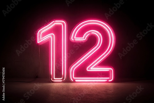 Bright Neon Number Twelve Sign Illuminating Dark Background