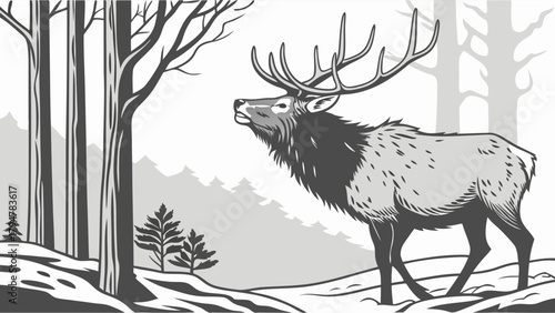 Majestic Elk Standing in Snowy Winter Forest. Black and White Wildlife Illustration for Outdoor Adventure, Nature Conservation, and Seasonal Marketing.
