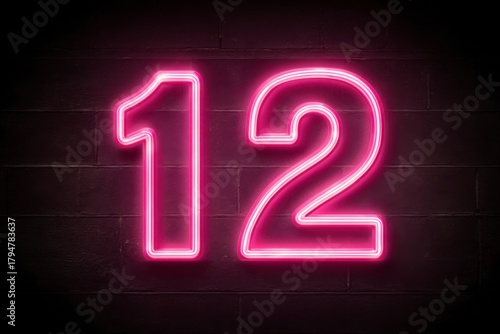 Bright Neon Number Twelve Sign on Dark Background with Glowing Light