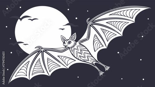 Halloween Bat Flying under Full Moon in Starry Night. Stylized Wildlife Illustration for Spooky Seasonal Designs and Nature Graphics.