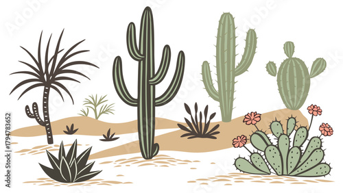 Hand Drawn Desert Landscape Illustration with Diverse Cacti and Succulents for Summer Travel and Nature Design