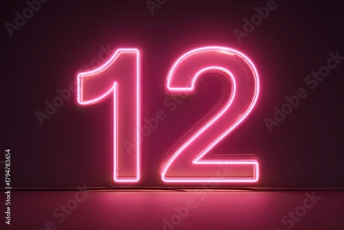 Neon Pink Number Twelve Sign with Soft Glow on Dark Background