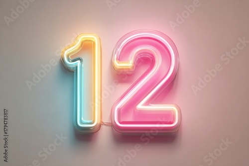 Bright Neon Number Twelve Sign on Soft Background with Glow Effect