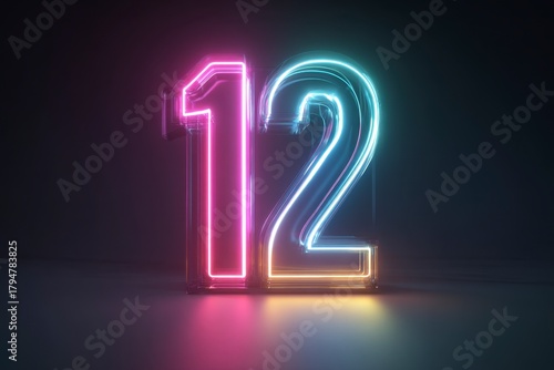 Colorful Neon Light Number Twelve in Bright Glowing Effect