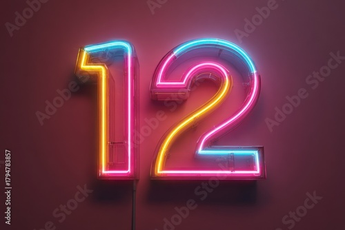 Neon Sign Display with the Number Twelve in Bright Colorful Lights