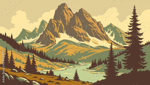 Retro Vector Mountain Landscape with River and Pine Forest for Outdoor Adventure Travel Tourism and Nature Exploration Design