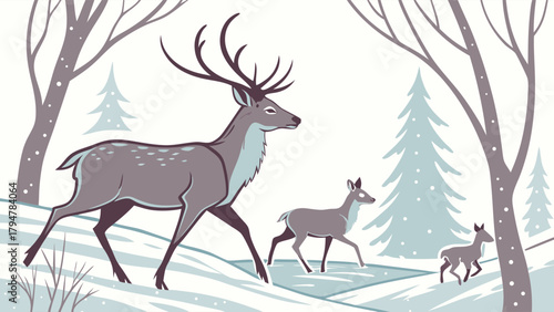 Majestic Deer Family Walking in Snowy Winter Forest Illustration Peaceful Wildlife for Holiday Cards and Nature Designs