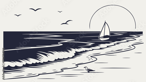 Serene Ocean Beach Line Art with Sailboat, Crashing Waves, Flying Seagulls, Sunset, Travel Vacation