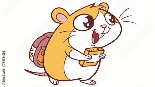 Happy Cartoon Hamster with Backpack Holding Cheese. Cute Rodent Illustration for Kids' Education, Pet Care, and Learning Materials.