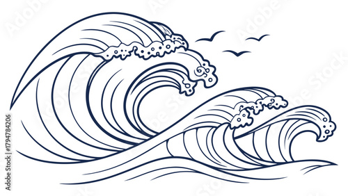 Powerful Ocean Waves Line Art Illustration with Flying Seagulls. Dynamic Sea Water for Travel, Nature, Surfing, and Beach Design.
