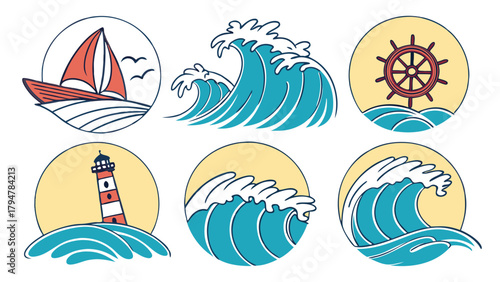 Playful Nautical Ocean Wave and Sailboat Illustrations Set. Summer Travel Marine Adventure Icons for Web Design, Logos, and Vacation Branding. Hand Drawn Sea Elements.