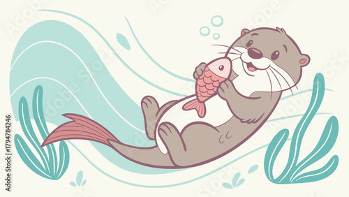 Cute Playful Cartoon Otter Floating with Fish Underwater Illustration for Kids Education and Nature Marketing