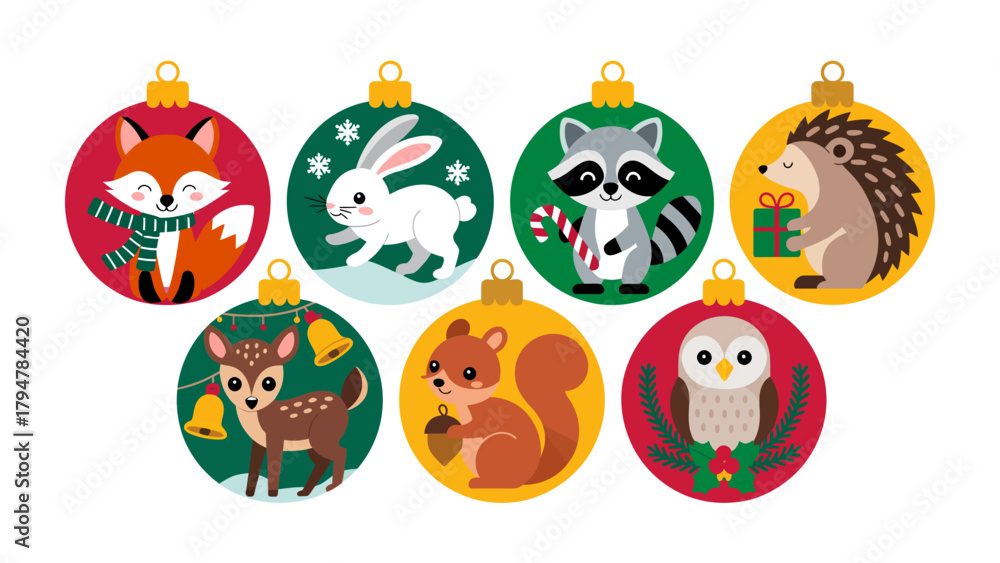Fototapeta premium Holiday Ornaments: A charming array of festive ornaments showcasing adorable woodland animals and adding a touch of whimsy and joy to the season.