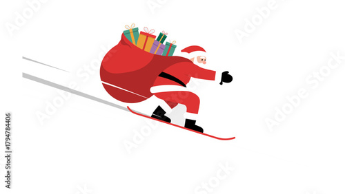 Santa's Swift Descent: A dynamic illustration depicts Santa Claus gliding down a snowy slope, his sack of gifts trailing behind, ready to spread Christmas cheer.